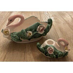 Vintage 60s Royal Sealy Swan Planter & Taper Candle Holder Ceramic Flowers